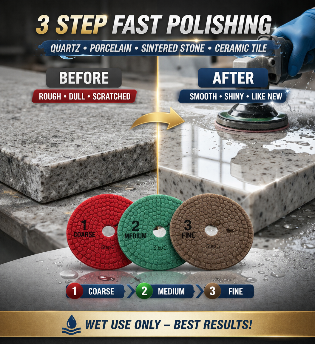 Stonebrother™ Wet Polishing Pads for Quartz, Porcelain & Sintered Stone (3-Step System)