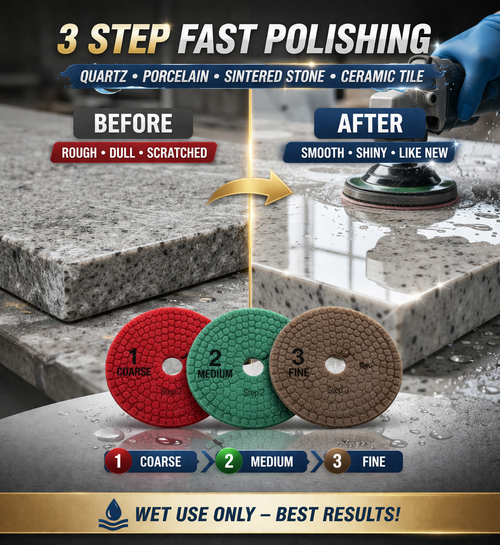Stonebrother™ Wet Polishing Pads for Quartz, Porcelain & Sintered Stone (3-Step System)
