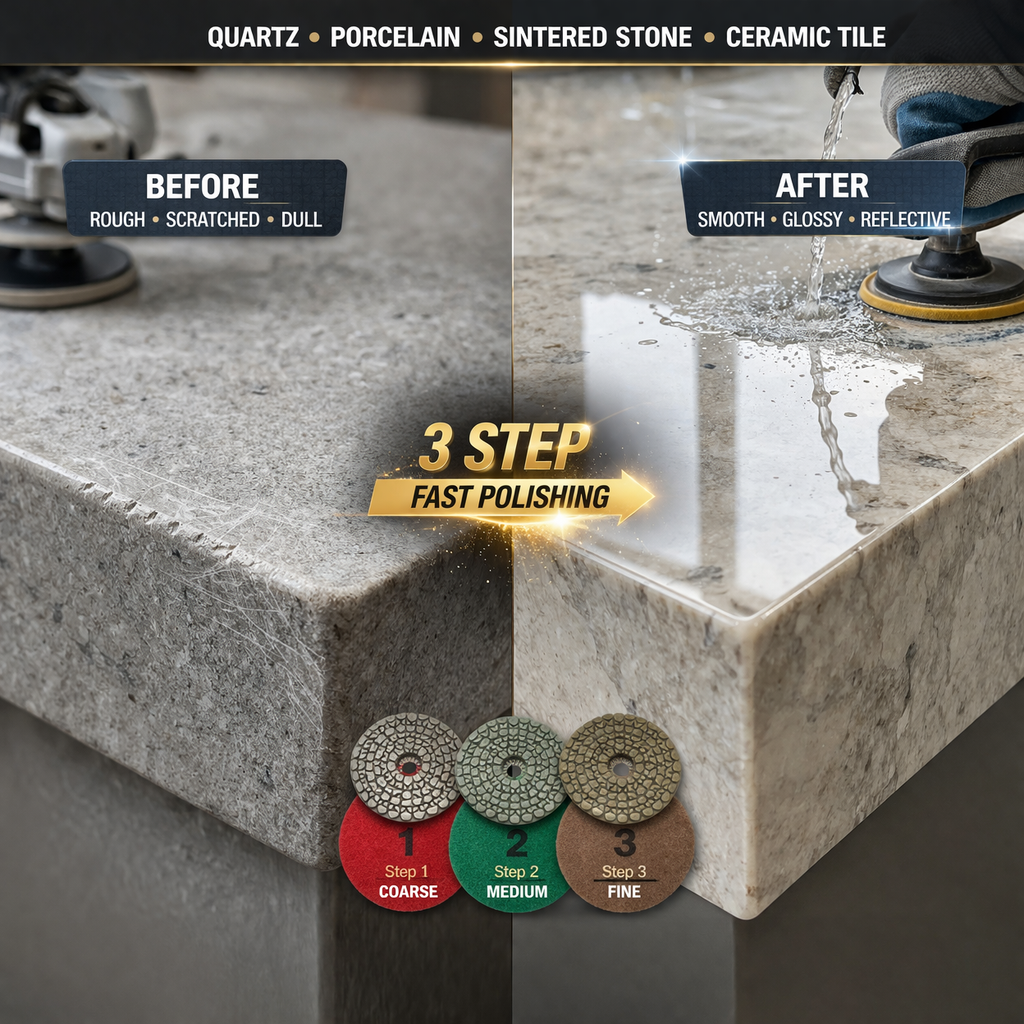 Stonebrother™ Wet Polishing Pads for Quartz, Porcelain & Sintered Stone (3-Step System)