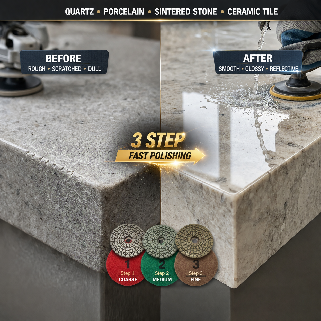 Stonebrother™ Wet Polishing Pads for Quartz, Porcelain & Sintered Stone (3-Step System)